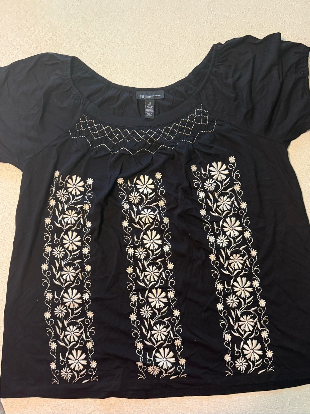INC International Concepts Black Embroidered Peasant Top